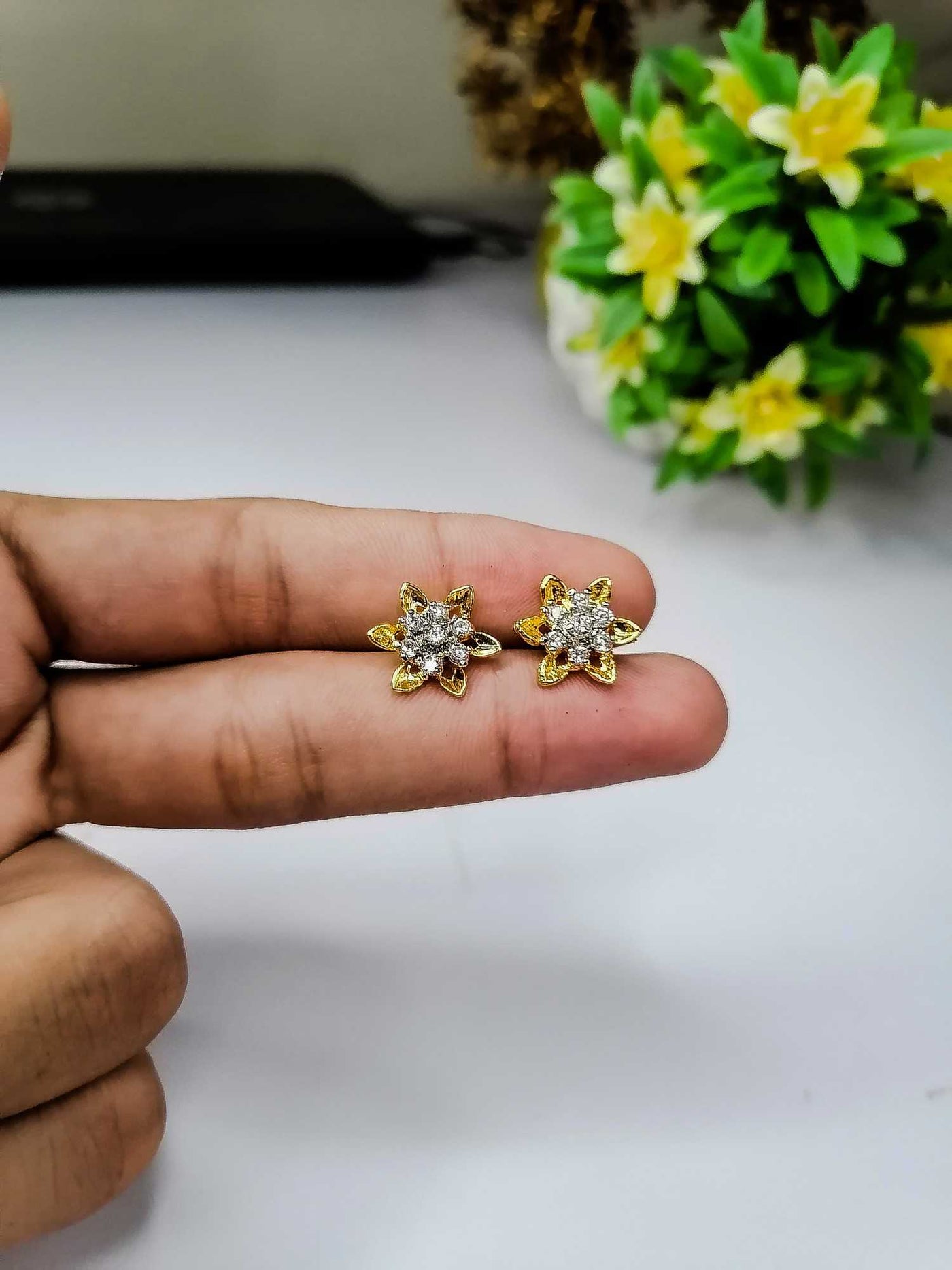 Gold Plated 7 Stone Floral Stud Earrings | Elegant Jewelry for Women & Girls