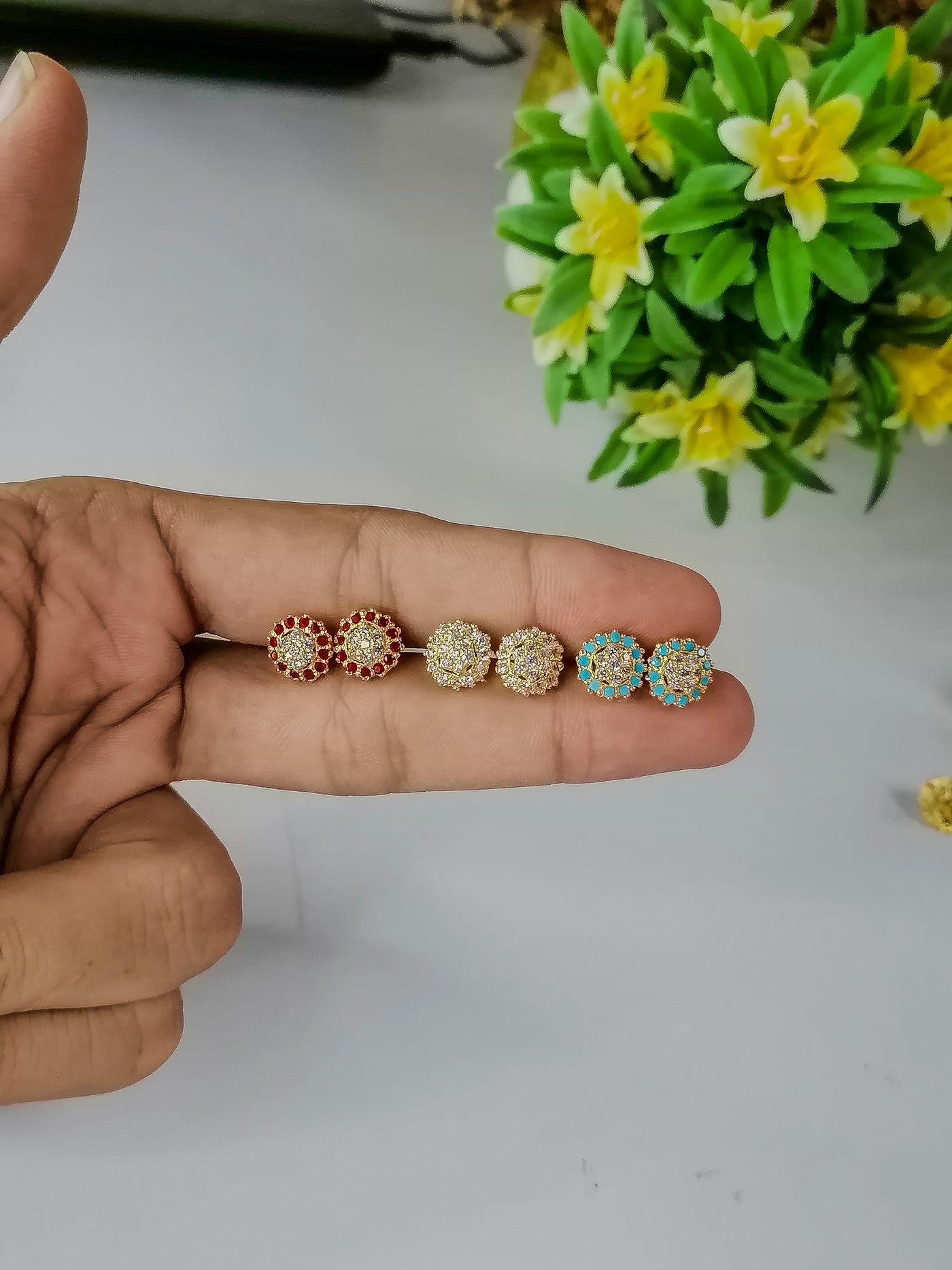 Stylish Round Cluster Stud Earrings for Women – Sparkling CZ Stones in Red, White & Blue