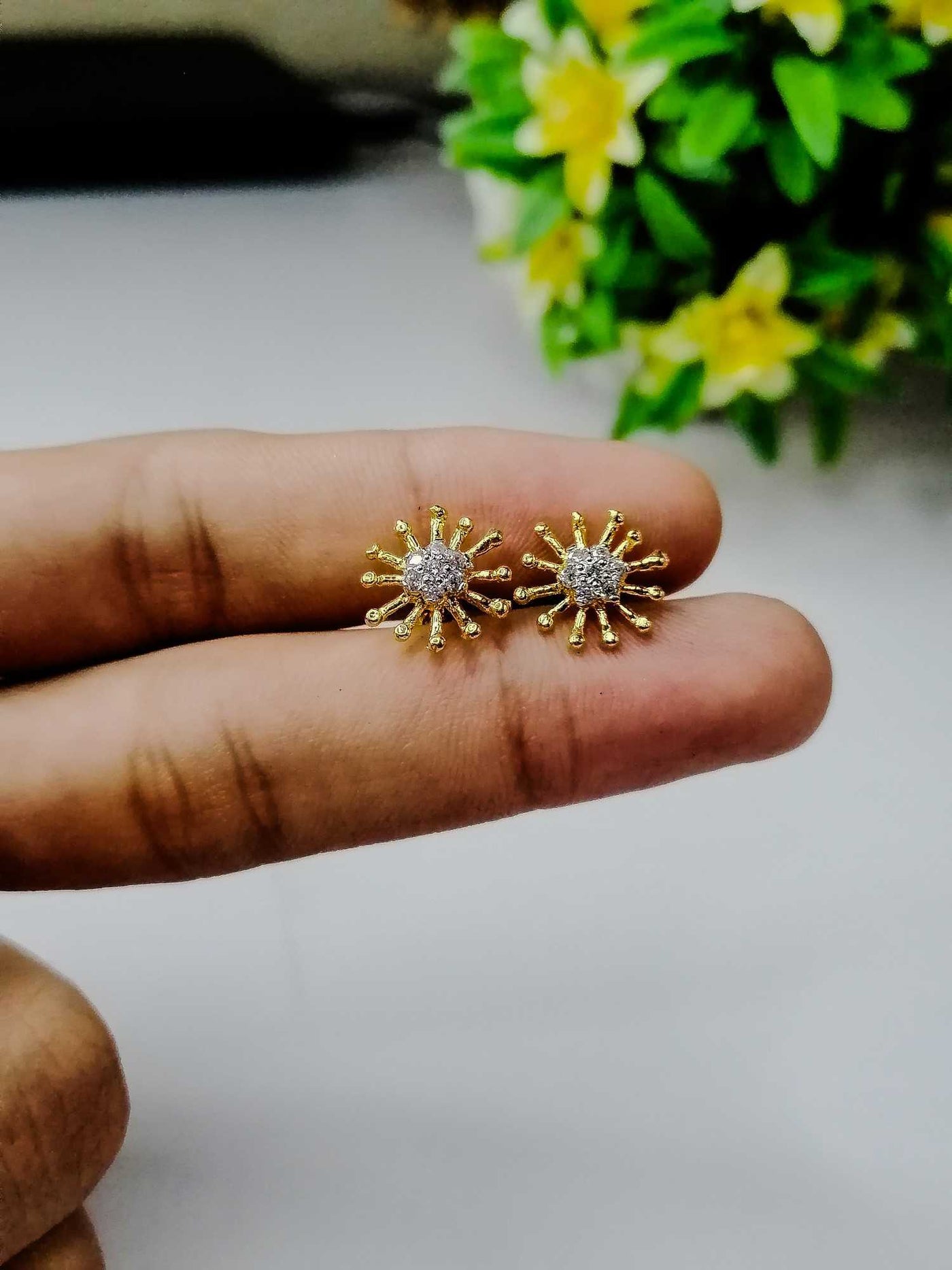Gold Plated Sunburst Stud Earrings | Stylish Screw Back Design with Stones