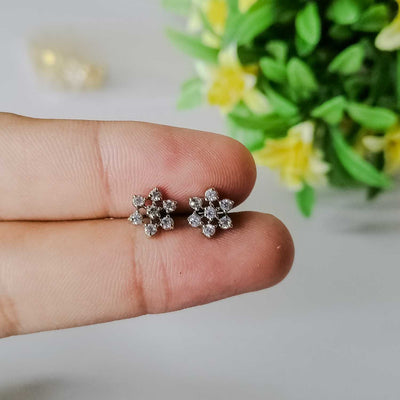 Silver Flower Stud Screw Earrings | Diamond Cut Sparkling Stones for Women & Girls