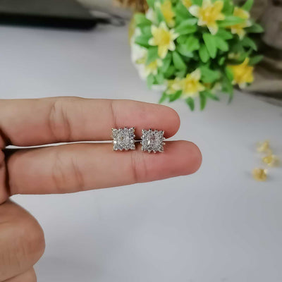 Gold Plated White Stone Stud Earrings | Square Cluster Design Jewelry for Women & Girls