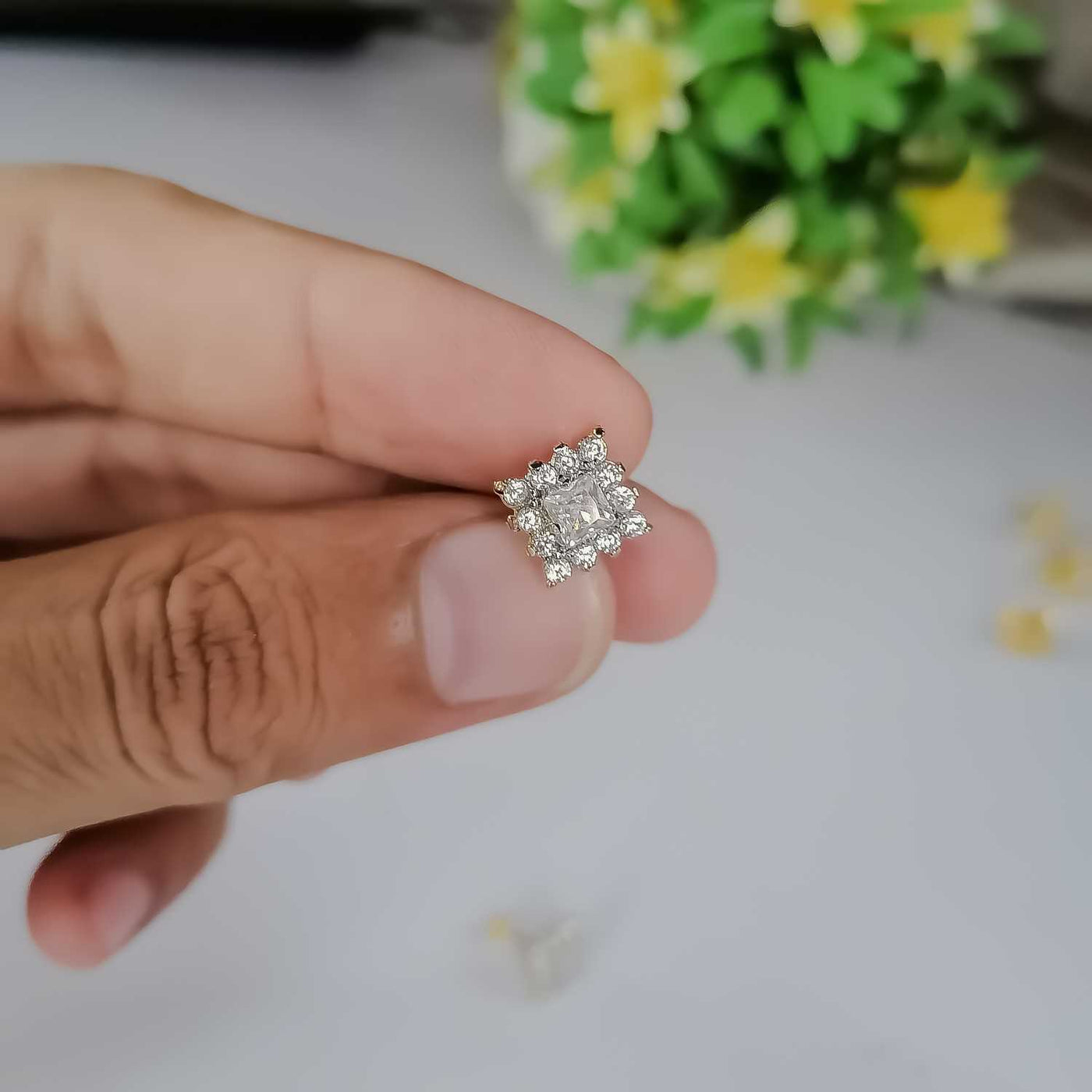 Gold Plated White Stone Stud Earrings | Square Cluster Design Jewelry for Women & Girls