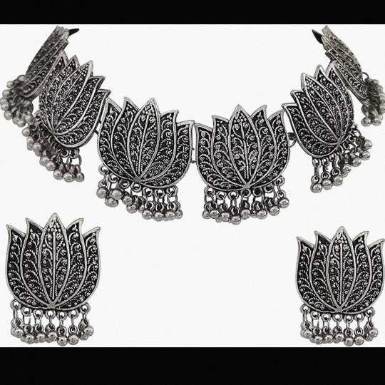 Oxidized Statement Lotus Choker Necklace Set with Earrings Jhumki